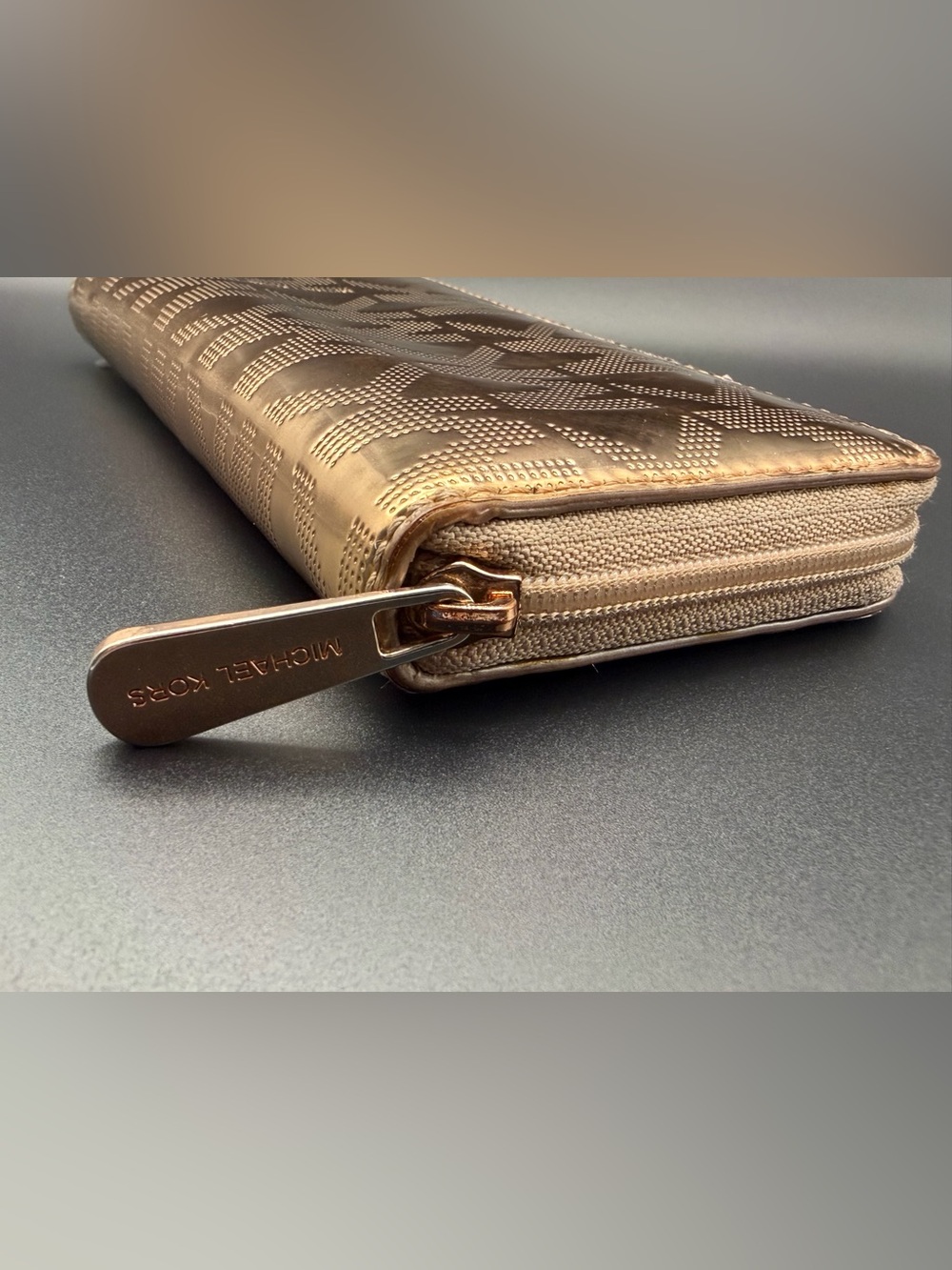 Michael Kors Metallic Gold MK Logo Zip Around Continental Wallet - Picture 6 of 11